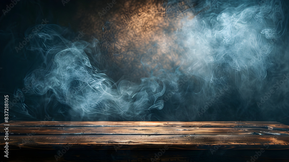 An empty wooden table with smoke floating up against a dark background, creating an eerie and mysterious atmosphere. It can be used for Halloween or horror-themed events