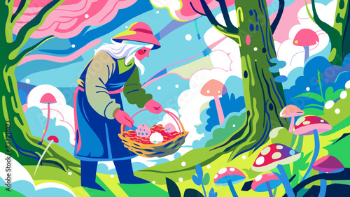 Vibrant Forest Foraging - Elderly Woman Gathering Mushrooms in Woods