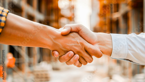 Two people shaking hands in an industrial setting, symbolizing business cooperation and partnership.