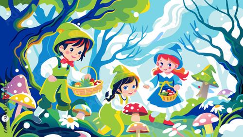Enchanted Forest Adventure: Children Berry Picking Amongst Magical Mushrooms