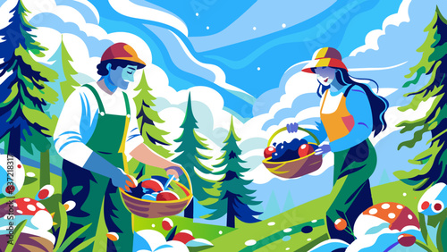 Sustainable Farming: Young Couple Harvesting Organic Produce in Picturesque Mountain Landscape