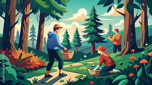 Family Enjoying Mushroom Picking in Lush Forest Trail