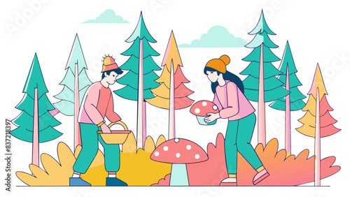 Autumn Mushroom Picking Couple in Enchanting Forest