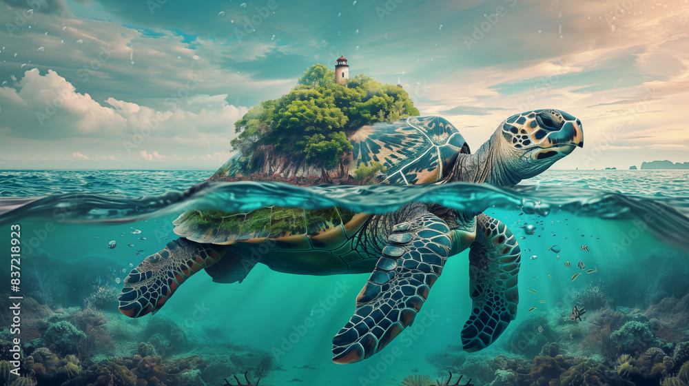 Obraz premium A tortoise with a green island with a lighthouse on its shell floating in the ocean, Save the earth concept