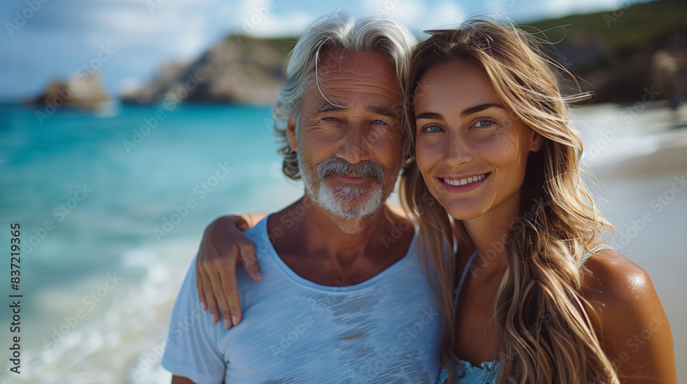 Age Gap Couple in Love OR Father and Daughter. Summer, beach, vacation, holiday, happiness, retired Age Gap Couple in Love OR Father and Daughter. Summer, beach, vacation, holiday, happiness, retired