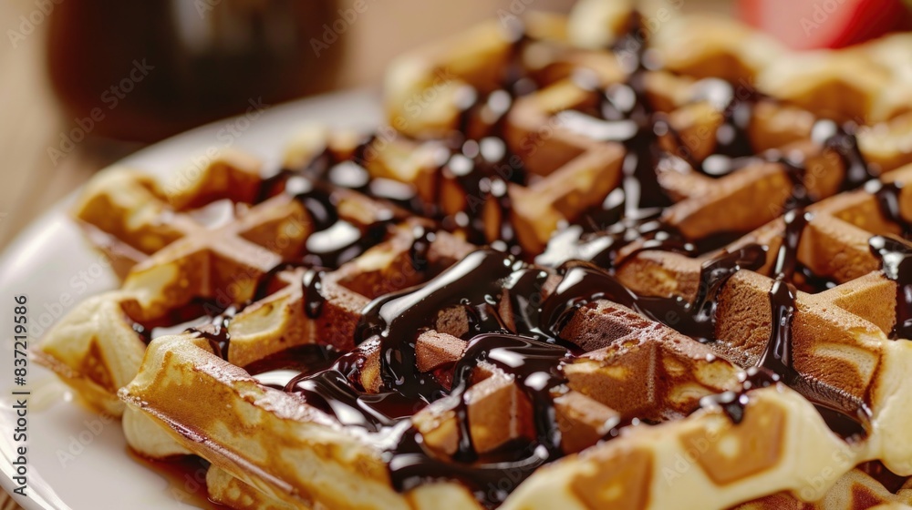 Belgian waffles with chocolate syrup baked tasty, close up