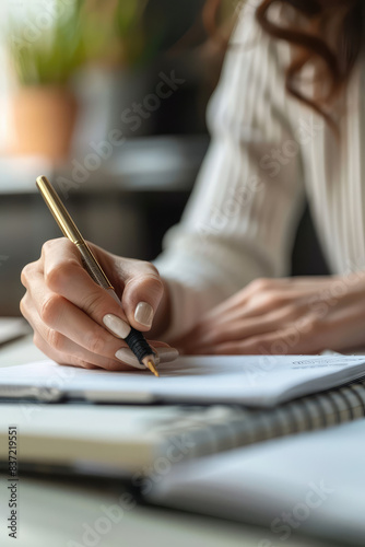 Closeup female hand writing on a notebook on desk