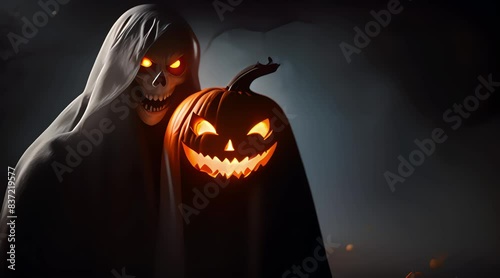 close up of ghost and pumpkin, concept for halloween day celebration, generate ai