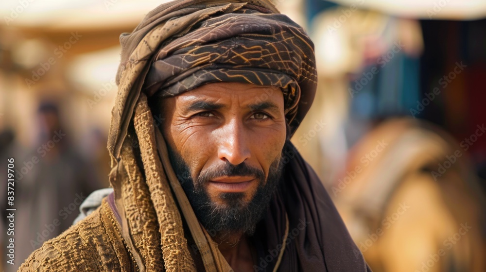 Fototapeta premium Berber man wearing traditional tuareg clothes on camel market