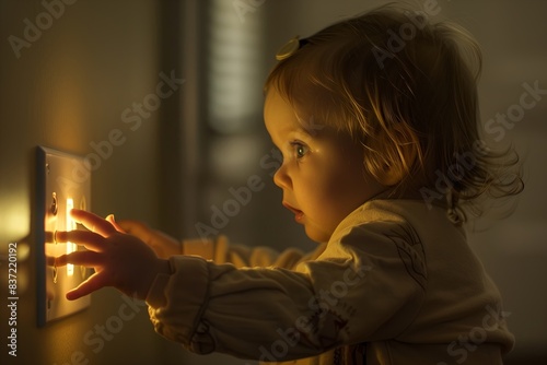 A small child reaches for an electrical outlet. The concept of a potential security threat