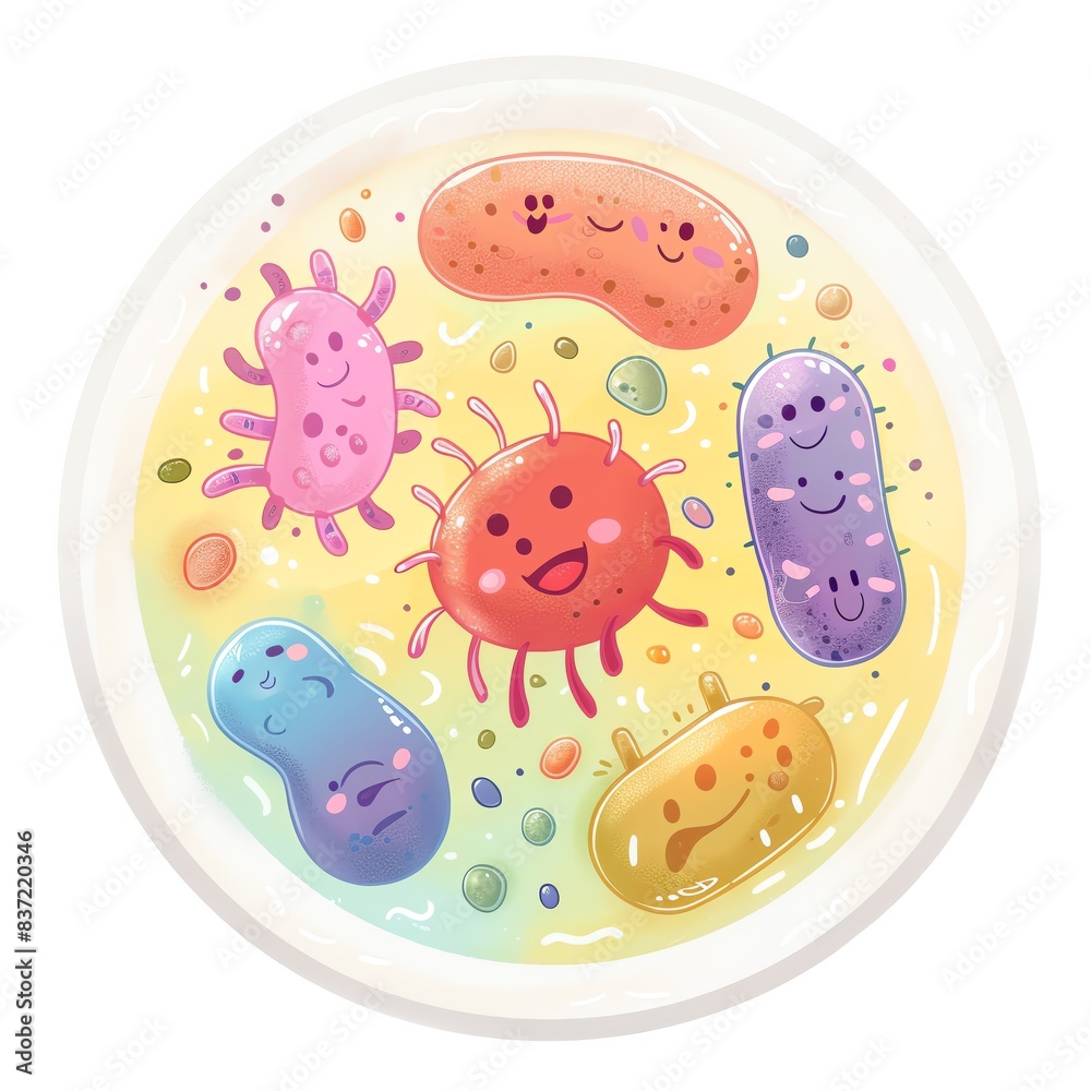 Cute cartoon bacteria with happy faces in a petri dish. Perfect for educational materials or children's books. Cute cartoon bacteria with happy faces in a petri dish. Perfect for educational materials or children's books.