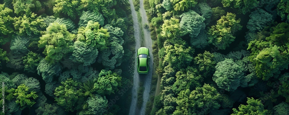 Green car on a scenic forest drive, birdseye view, dense trees, 3D rendering Green car on a scenic forest drive, birdseye view, dense trees, 3D rendering