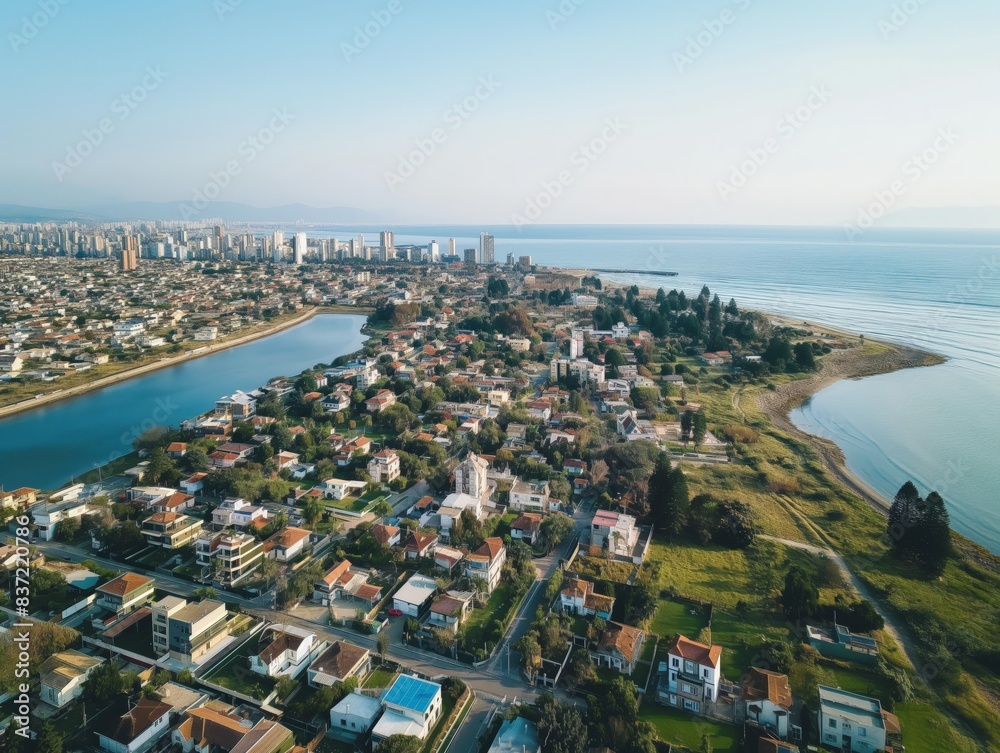 Aerial view of a coastal city with a mix of residential houses, urban buildings, and a serene waterfront.