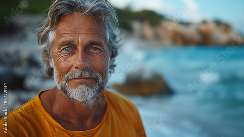 Senior Man in Orange T-Shirt on the Beach