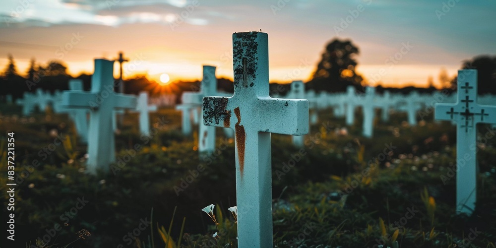 Silent Sentinels: Rows of White Crosses Mark Sacrifice (War Memorial, Remembrance)