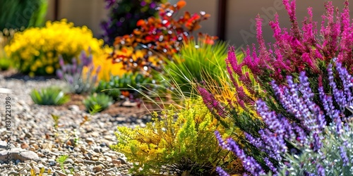 Xeriscaping Conservation of Water Through Drought-Tolerant Plants, Efficient Irrigation, and Natural Mulching. Concept Water Conservation, Drought-Tolerant Plants, Efficient Irrigation photo