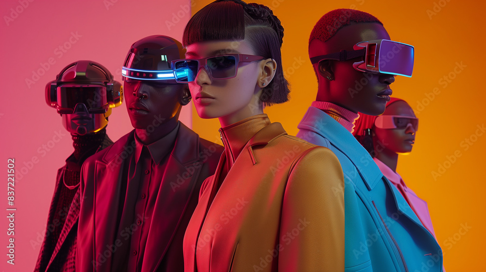 A group of people wearing futuristic glasses and wearing colorful clothes A group of people wearing futuristic glasses and wearing colorful clothes