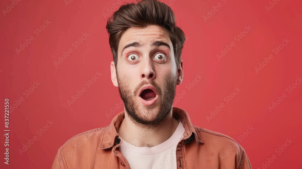 Human Face with Raised Eyebrow Expressing Surprise on Red Human Face with Raised Eyebrow Expressing Surprise on Red