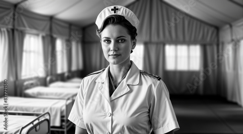 Monochrome vintage portrait of an female army nurse in a tent hospital during the Second World War. - Generative AI