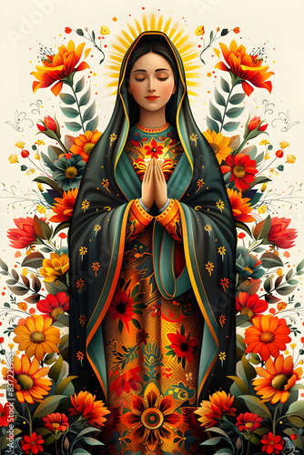 he radiant and beautiful virgin mary: a multicolored and artistic depiction of our lady madonna, a vibrant and decorative religious icon