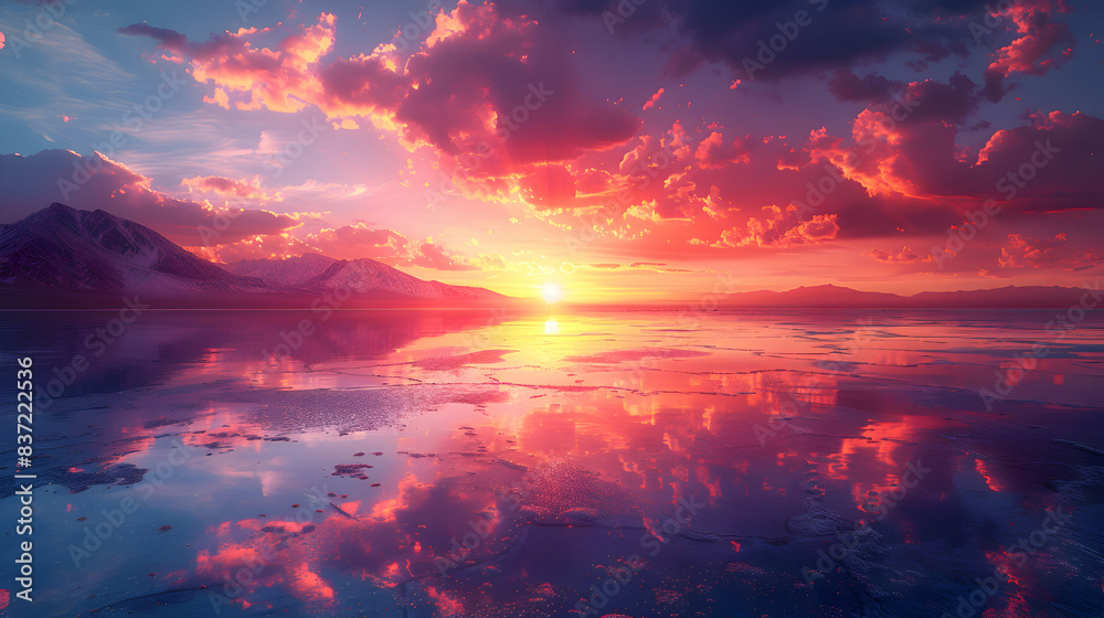 An ultra HD view of a nature salt flat at sunrise, the sky glowing with vibrant colors and the surface reflecting the light An ultra HD view of a nature salt flat at sunrise, the sky glowing with vibrant colors and the surface reflecting the light