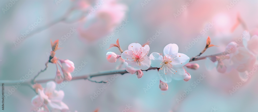 cherry blossom branch in full bloom with a softly blurred background of other blossoms and sky