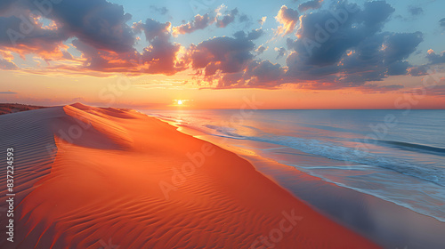 An ultra HD view of a nature coastal dune at sunrise, the sky glowing with vibrant colors and the sand bathed in golden light