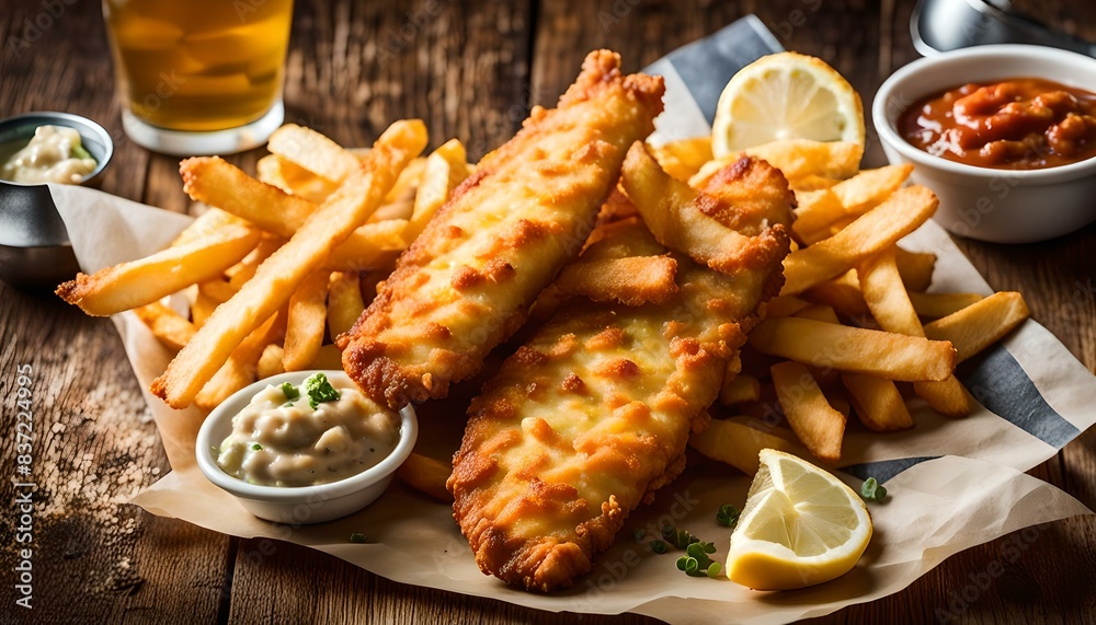 Fish and chips plate on a wooden table with sauces besides, traditional british dish and english cuisine, commercial photo for marketing uses Fish and chips plate on a wooden table with sauces besides, traditional british dish and english cuisine, commercial photo for marketing uses