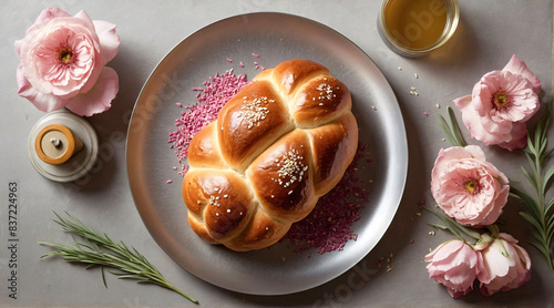 Challah, a Jewish braided bread served on Sabbath and holidays. Plate with homebaked challah sprinkled with sesame seeds. Jewish food and tradition	
 photo