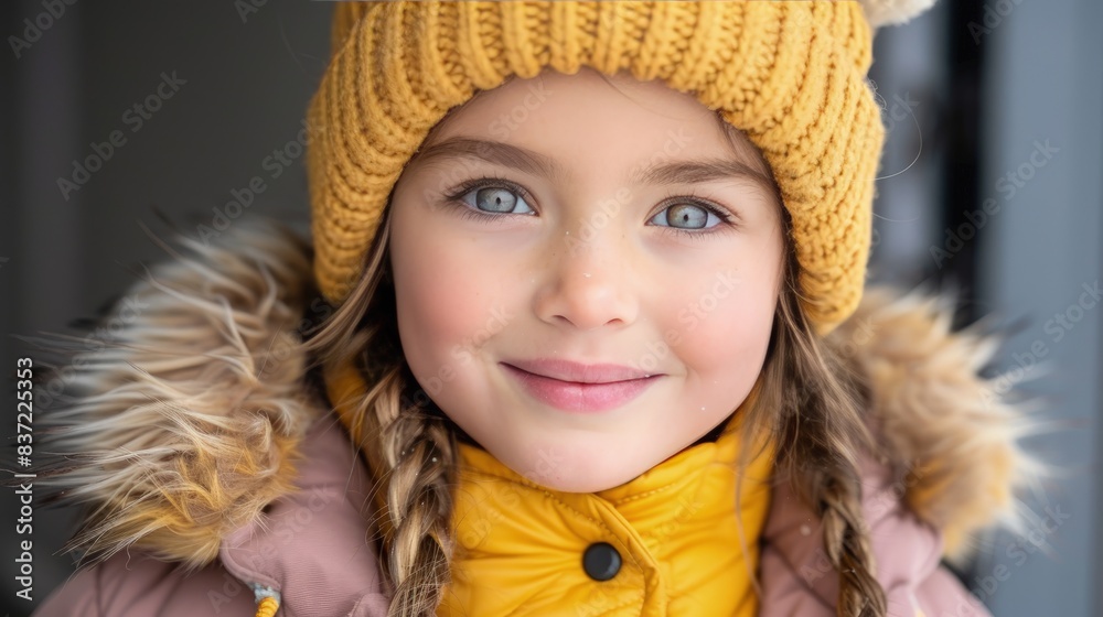 Young Girl's Smiling Portrait with Vibrant Yellow Coat and Hat Young Girl's Smiling Portrait with Vibrant Yellow Coat and Hat