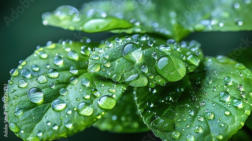 Close-Up View of Water Droplets on Green Plant Leaf's Underside