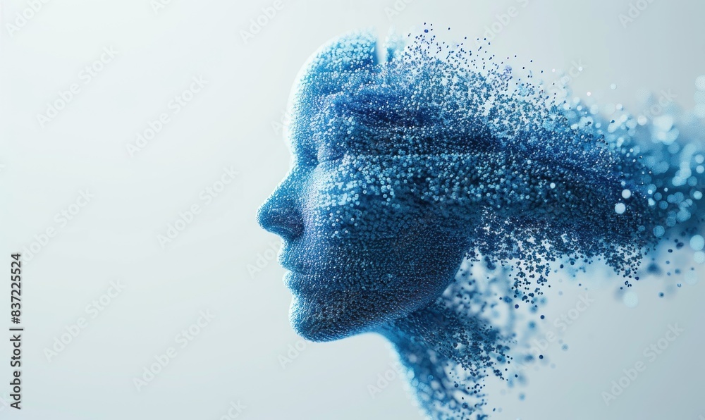 Blue particles in the shape of a human head and face, with an abstract background.