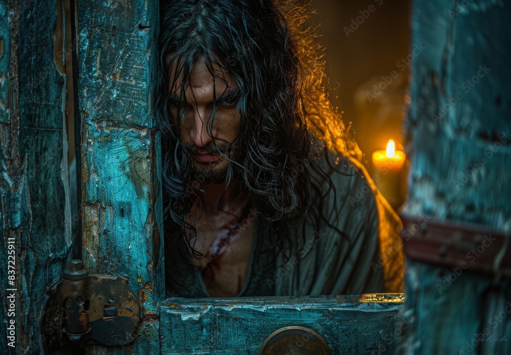 Jesus stands in a weathered doorway, illuminated by soft glow of candlelight. The interplay of light and shadow creates a mysterious and contemplative atmosphere, highlighting His serene expression. Jesus stands in a weathered doorway, illuminated by soft glow of candlelight. The interplay of light and shadow creates a mysterious and contemplative atmosphere, highlighting His serene expression.