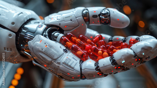 Robot's hand holds medicines, dietary supplements, vitamins, and pills in its hand. Use of robots in medicine. Concept of caring for sick and elderly. Close-up.