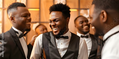 Groom and groomsmen sharing laughter and preparing for the wedding. Concept Wedding Preparation, Groomsmen, Laughter, Bonding Moments, Wedding Day photo