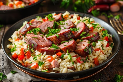 Hearty sausage and rice skillet meal with fresh herbs and vegetables