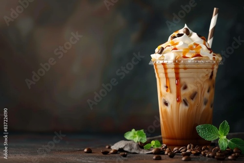 Gourmet iced coffee with whipped cream and caramel drizzle