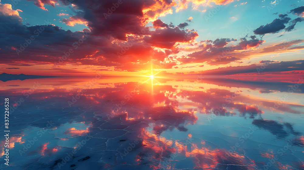 An ultra HD view of a nature salt flat at sunrise, the sky glowing with vibrant colors and the surface reflecting the light An ultra HD view of a nature salt flat at sunrise, the sky glowing with vibrant colors and the surface reflecting the light