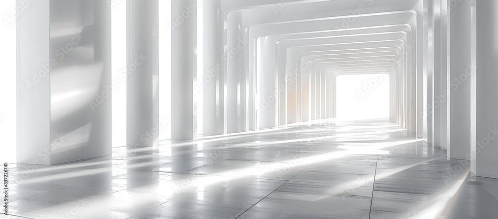 Fototapeta premium white room with long corridor, bright lights, shiny floor, minimalist design