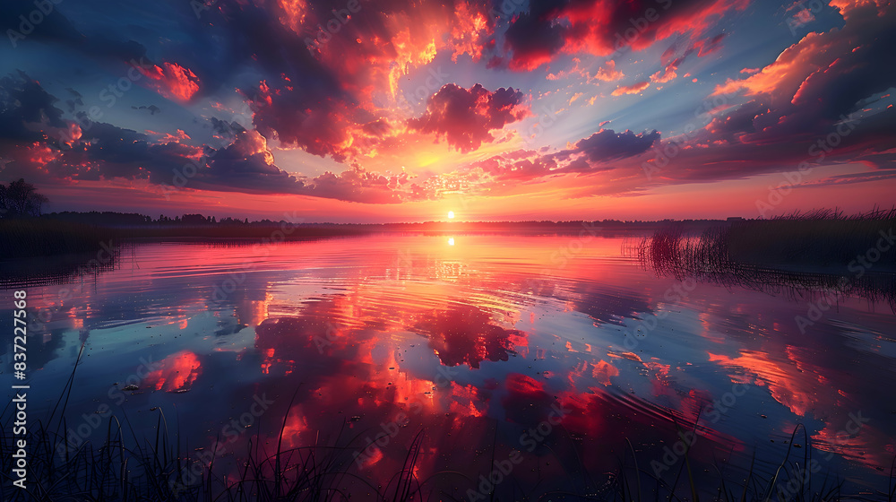 An ultra HD view of a nature wetland at sunrise, the sky glowing with vibrant colors and the water reflecting the light An ultra HD view of a nature wetland at sunrise, the sky glowing with vibrant colors and the water reflecting the light