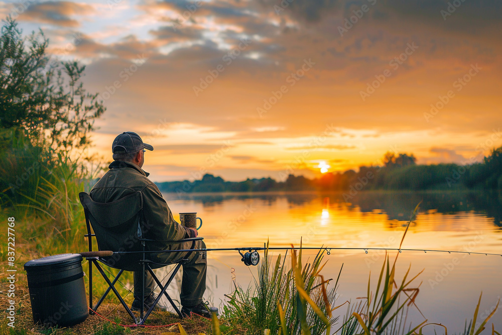 Angler is fishing with carp fishing technique in summer Angler is fishing with carp fishing technique in summer