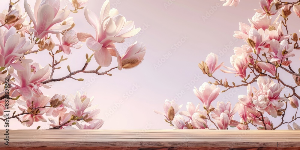 A serene pastel setting with magnolia branches in full bloom, an empty wooden table below, copyspace A serene pastel setting with magnolia branches in full bloom, an empty wooden table below, copyspace