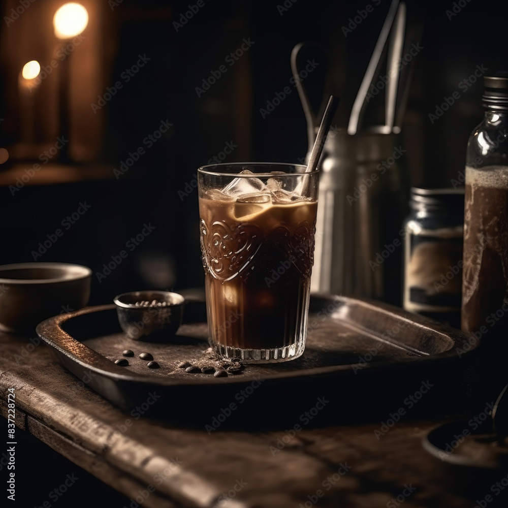 Refreshing cold coffee on rustic wooden table under cinematic lighting. Refreshing cold coffee on rustic wooden table under cinematic lighting.