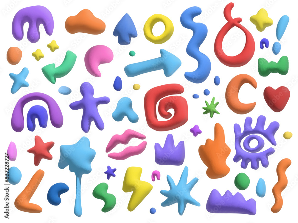 Plasticine abstract cute elements . Kid 3d forms 3D rendering of an abstract plastic shape. Graphic Minimalistic element. Vector collection isolated Plasticine abstract cute elements . Kid 3d forms 3D rendering of an abstract plastic shape. Graphic Minimalistic element. Vector collection isolated