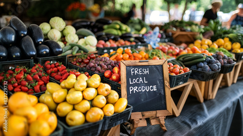 Colorful fresh produce array with "Fresh Local Produce" sign at a sunny outdoor farmers market. © NILSEN Studio