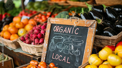 Organic local produce on display with a rustic chalkboard sign at a charming farmers market.