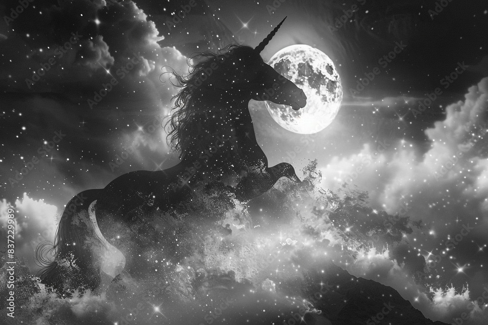 Dreamy unicorn basking under a moon shower each drop Dreamy unicorn basking under a moon shower each drop
