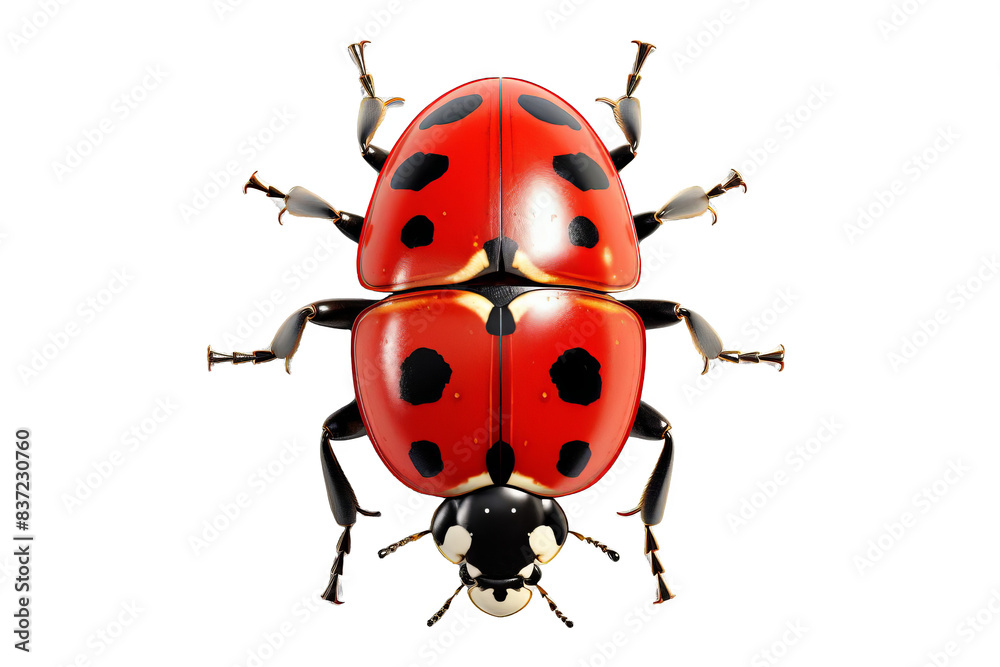 A close-up of a ladybug with black spots on its red shell, viewed from above. A close-up of a ladybug with black spots on its red shell, viewed from above.