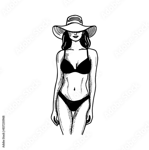 Woman sustainable swimwear, technical drawing, template, sketch, flat, mock up. Recycled PA, Recycled PES, Lycra fabric swimwear front and back view, white color
