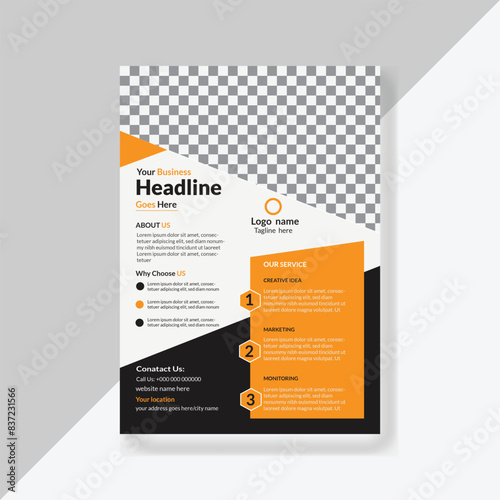 Modern corporate A4 size flyer design with yellow, black and white color or creative brochure template design for  marketing, business proposal, promotion,
advertise, publication, cover page. 